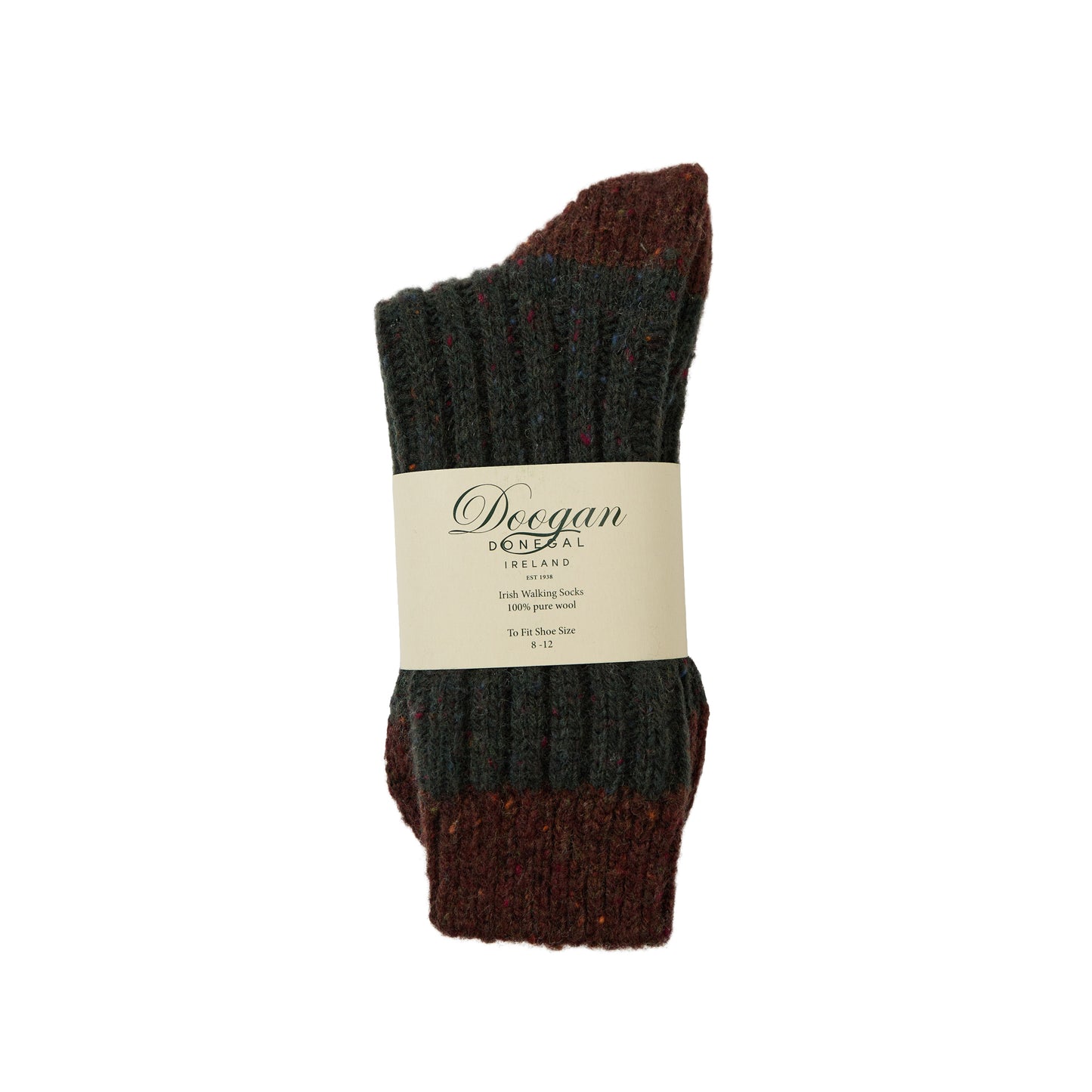 Folded flecked dark green Acre sock with burgundy cuffs and a beige brand label wrapped around