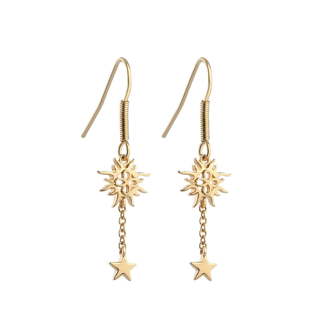 Gold Plated Amy Huberman Newbridge Silverware Drop Earrings With Sun & Stars Design