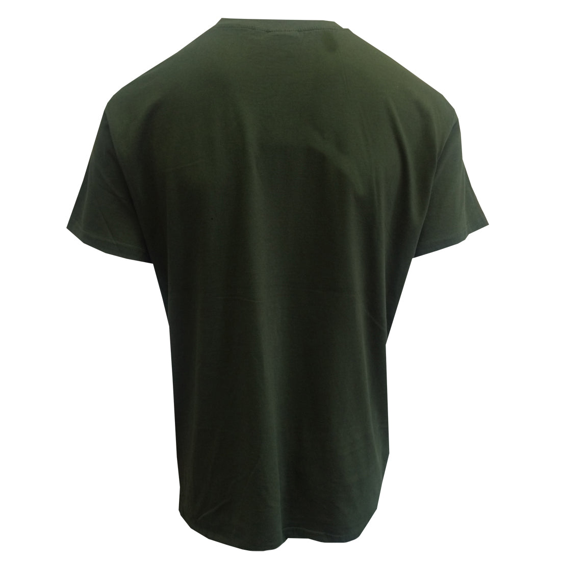 Back view of plain dark green short-sleeve t-shirt on white background