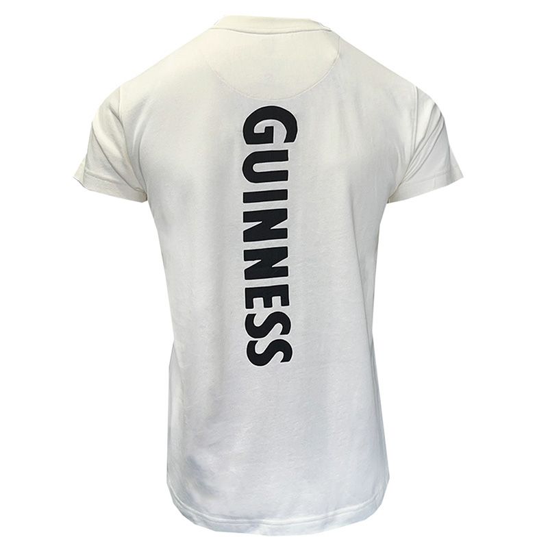 White short-sleeve t-shirt with vertical black text on back