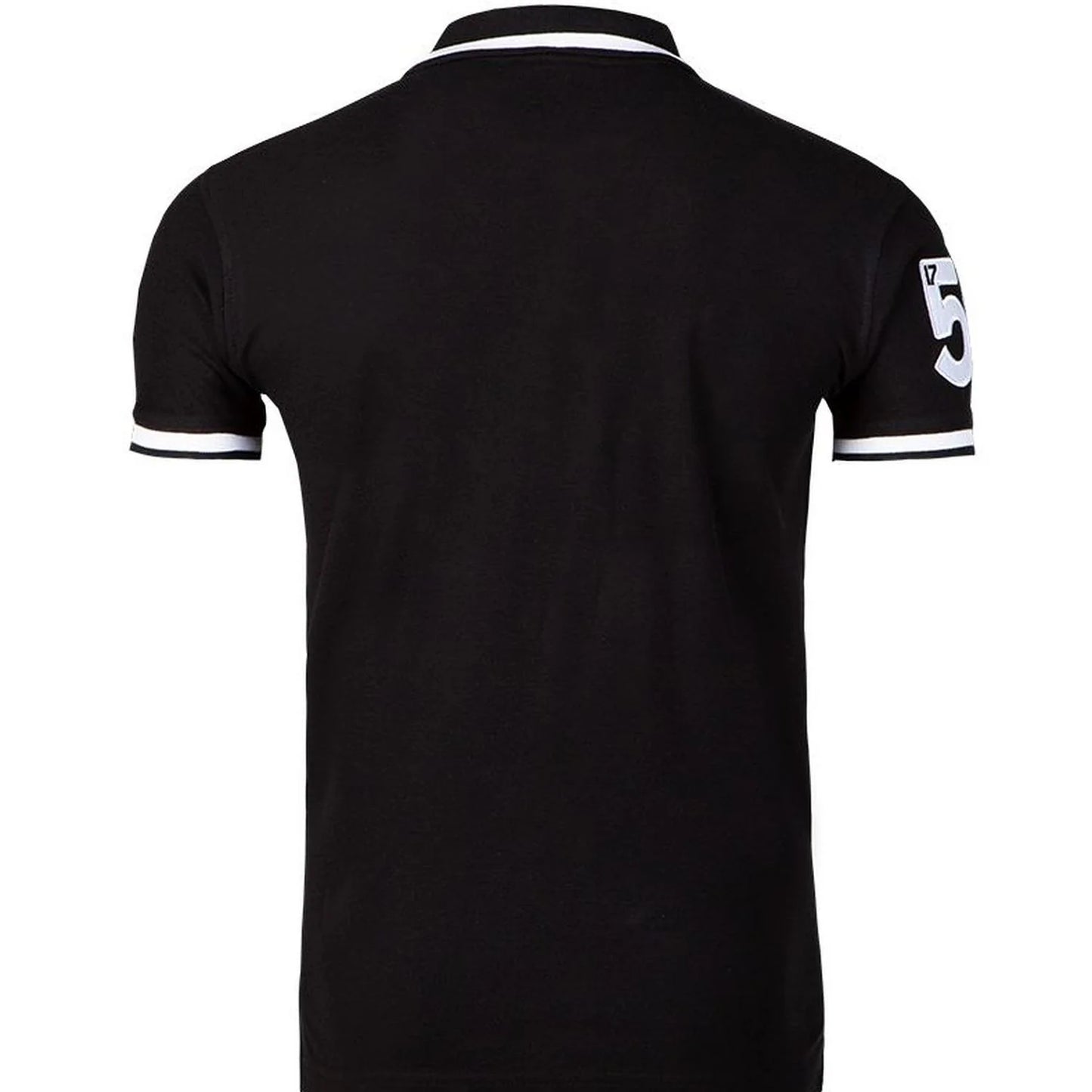 Back view of a black Guinness polo shirt with white collar and sleeve trim and a large 59 on the sleeve