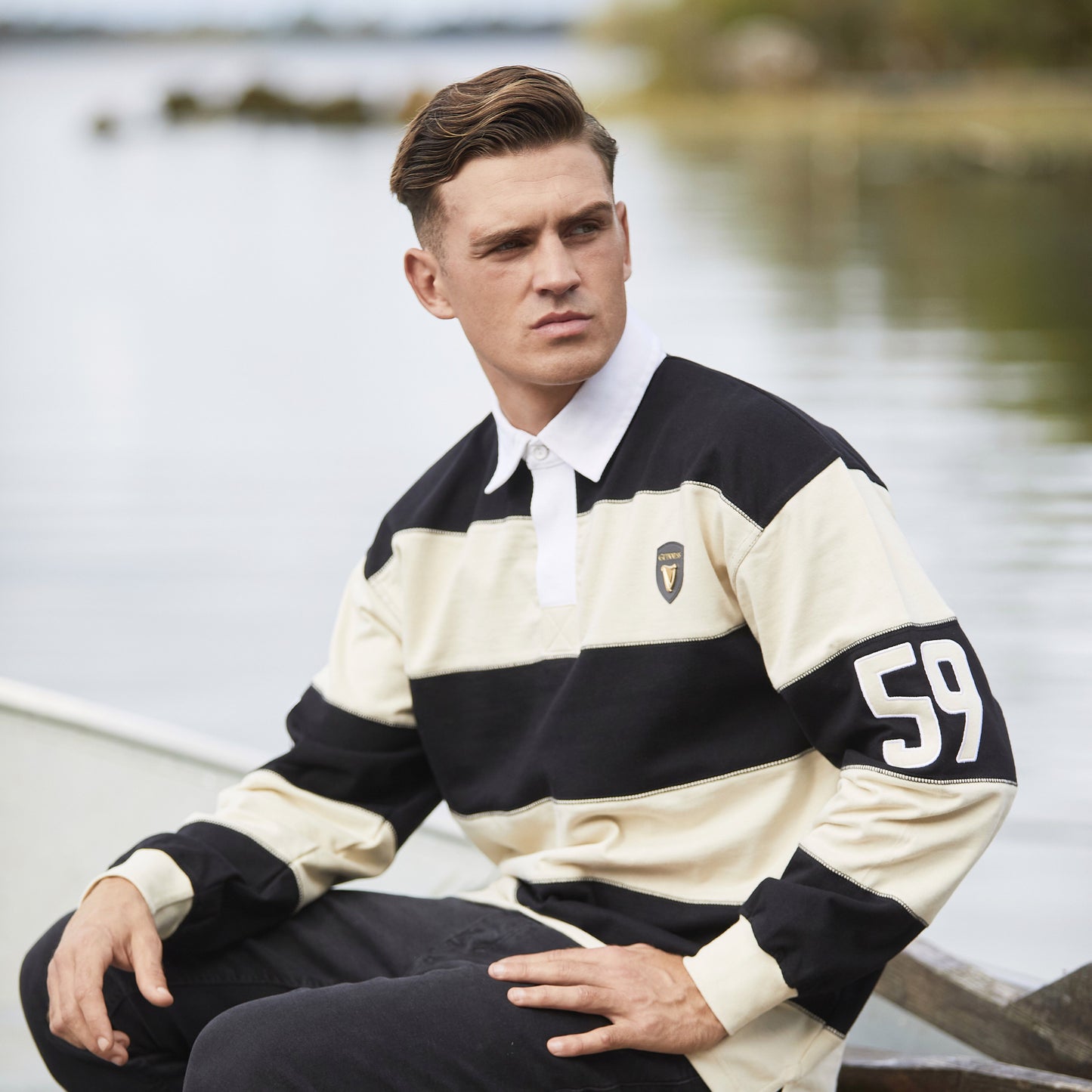 Guinness Men's Long Sleeve Cream & Black Rugby Shirt