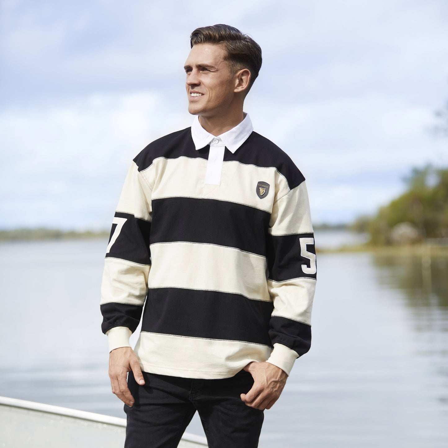 Guinness Men's Long Sleeve Cream & Black Rugby Shirt
