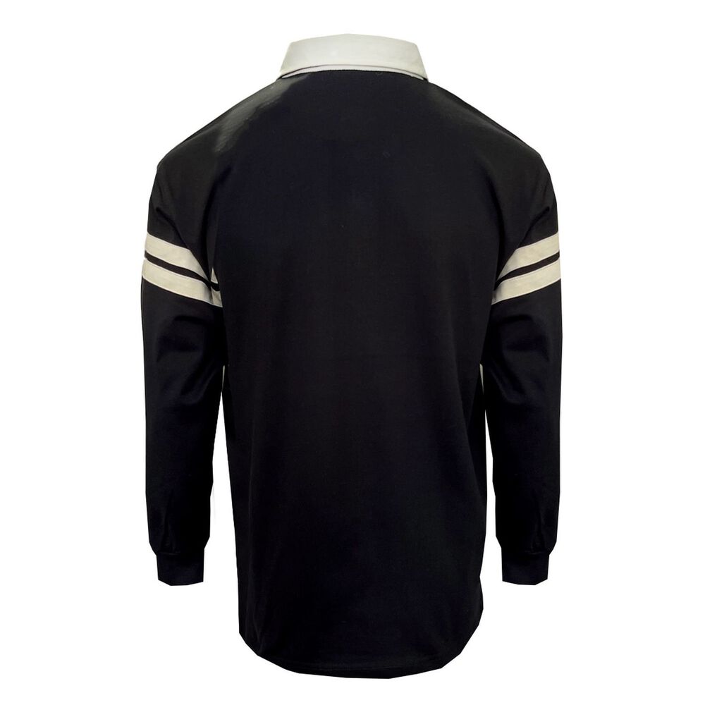 Back view of black long sleeve shirt with white collar and stripes on sleeves