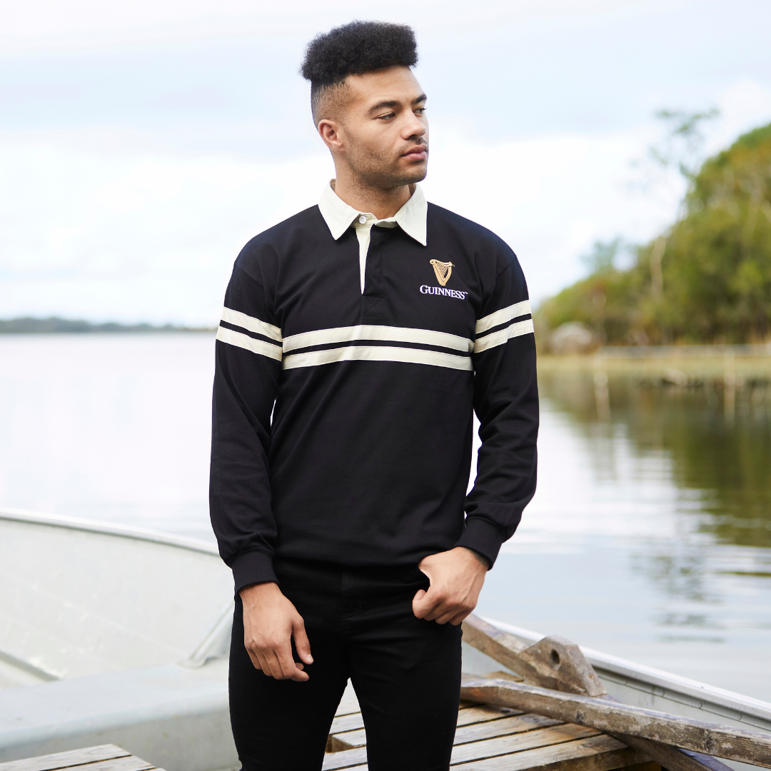 Guinness Harp Long Sleeve Rugby Shirt Cream and Black