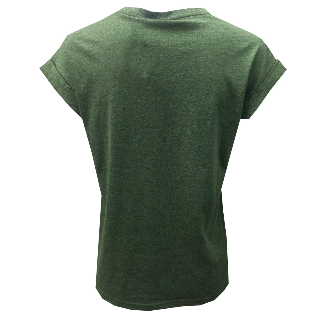 Back view of a plain green short-sleeve t-shirt with rolled sleeves