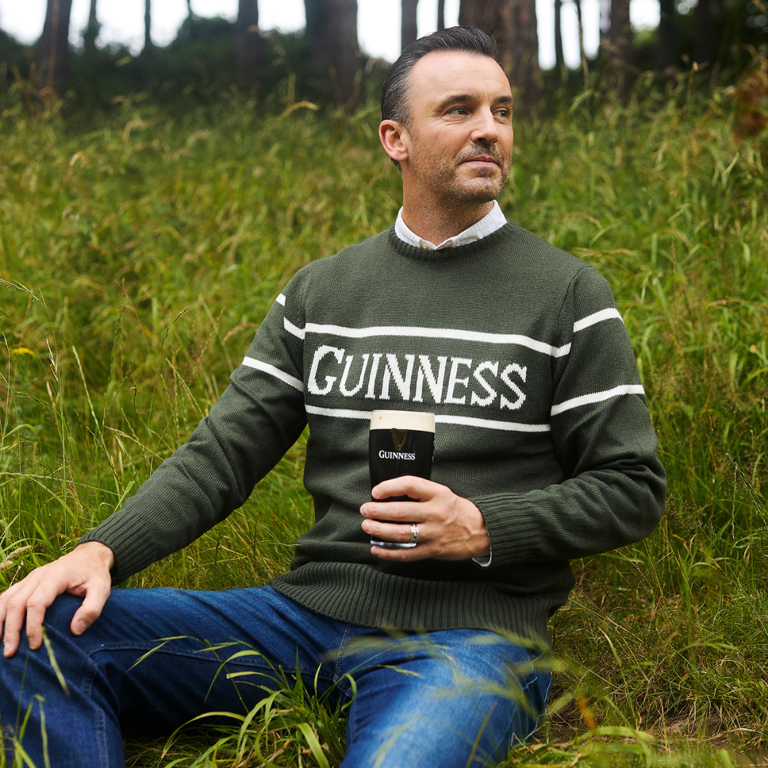 Guinness Men's Knit Sweater With White Guinness Text Bottle Green