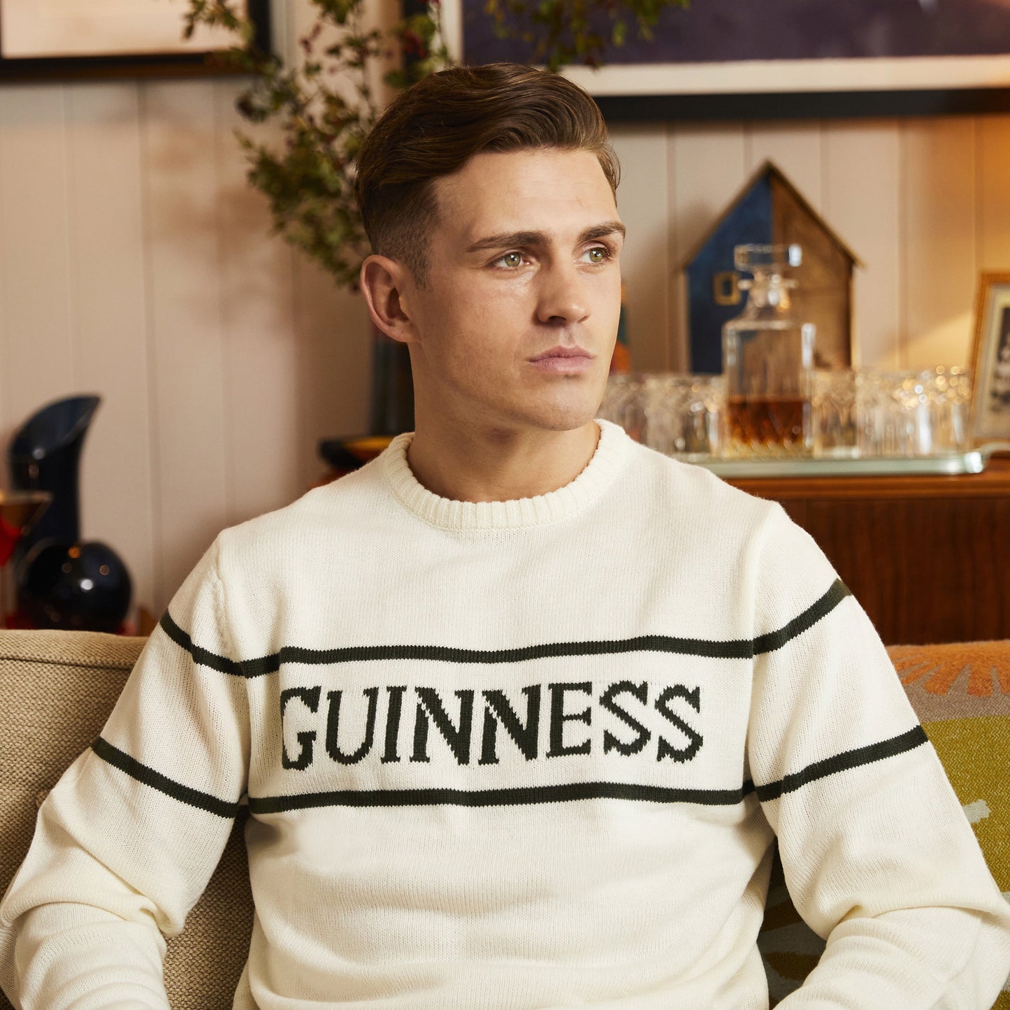 Guinness Men's Knit Sweater With Green Guinness Text Cream