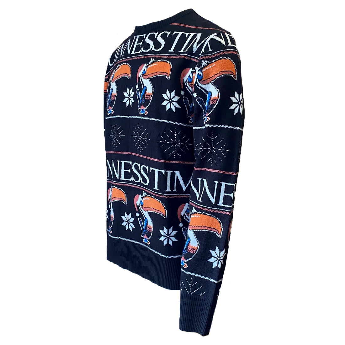 Side view of a black sweater with toucans wearing red Christmas hats and Guinness time written in white on a white background