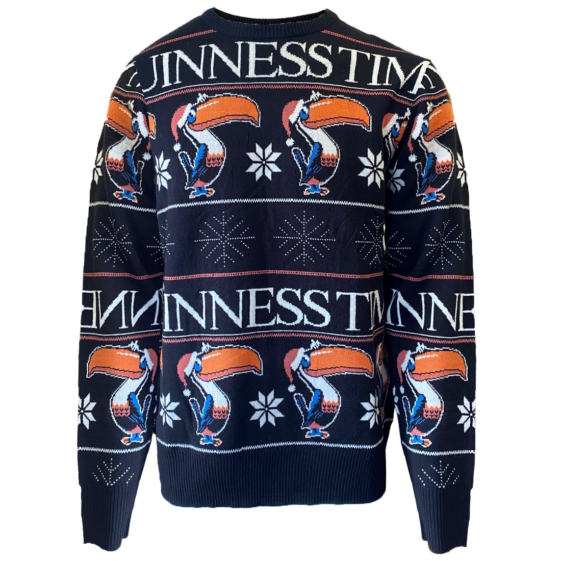 black sweater with toucans wearing red Christmas hats and Guinness time written in white on a white background