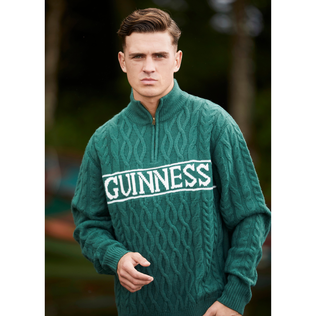 Guinness Aran Knit Style 1/4 Zip Jumper Green