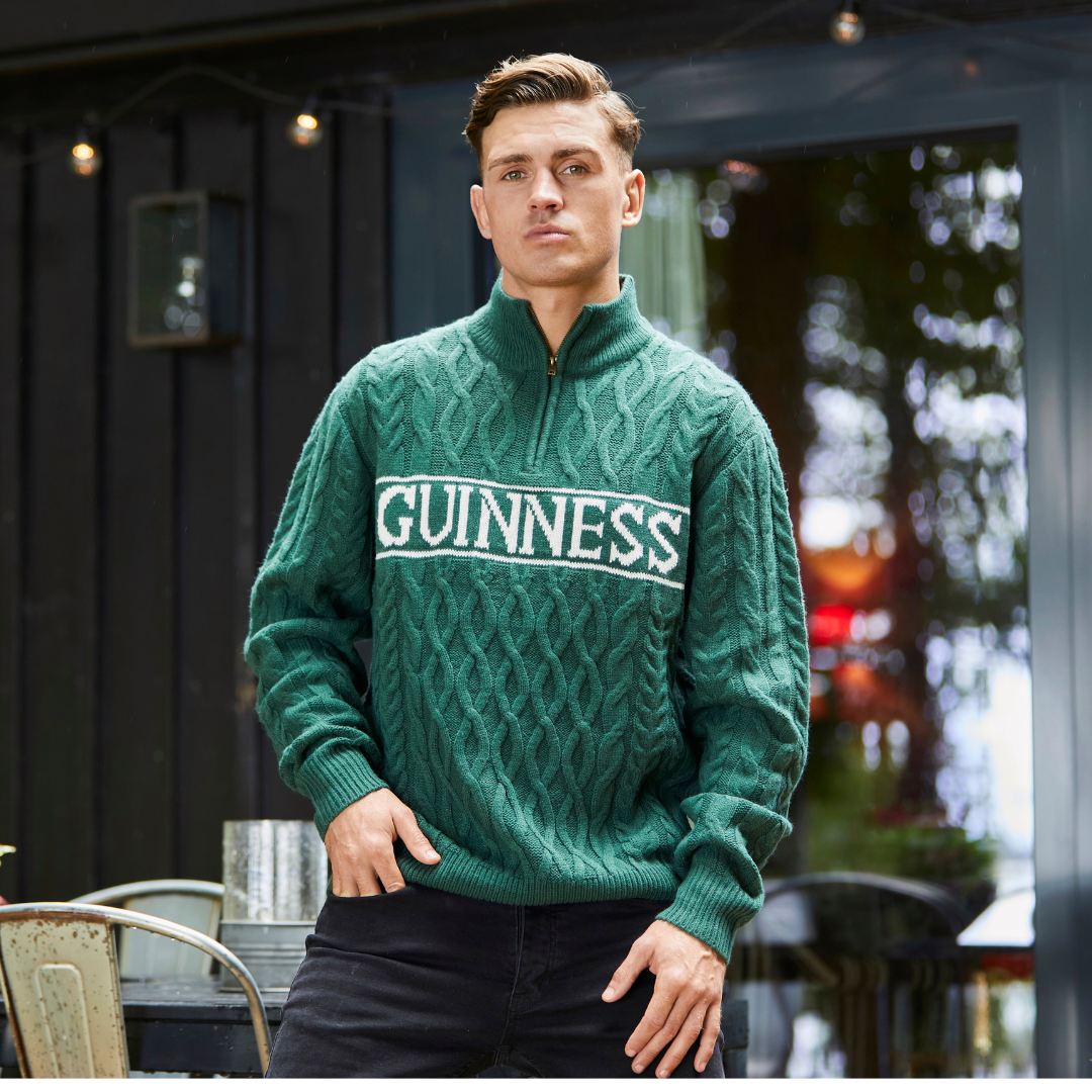 Guinness Aran Knit Style 1/4 Zip Jumper Green