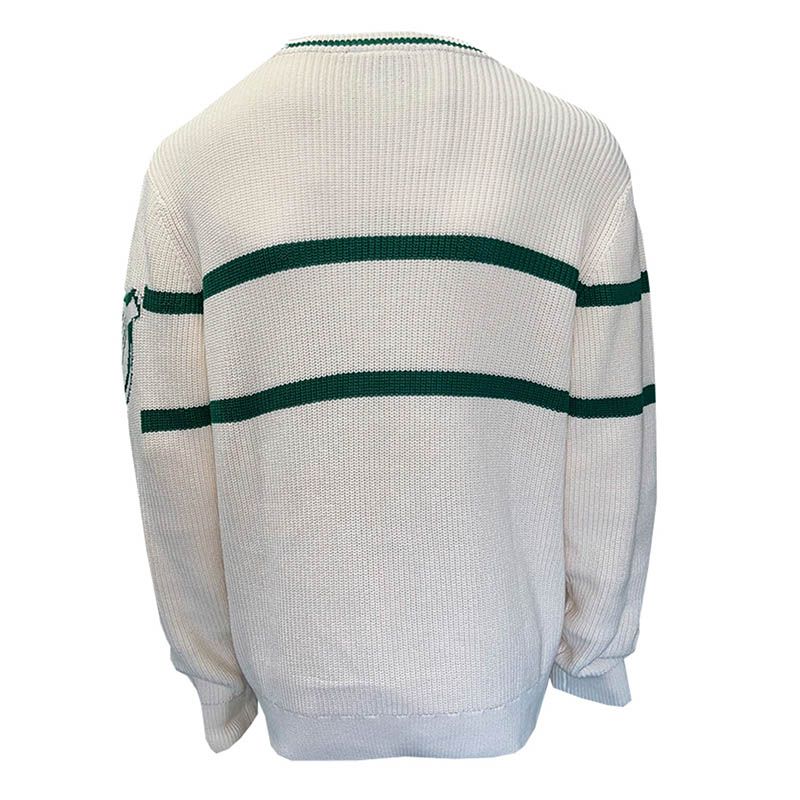 Back view of white knitted sweater with green horizontal stripes