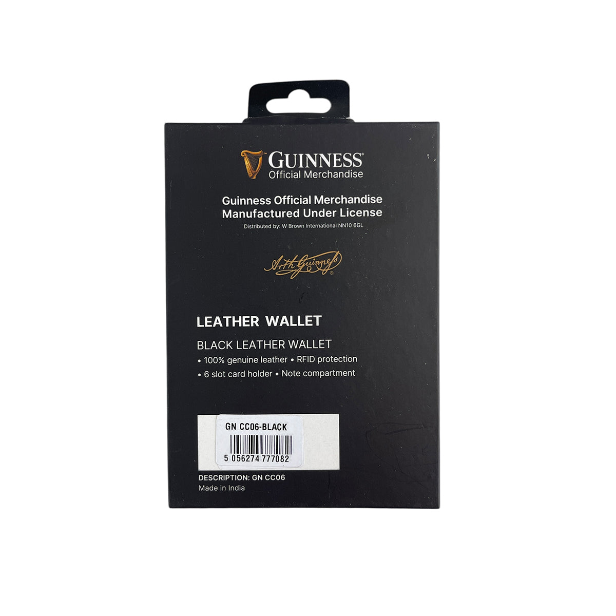 Guinness Official Merchandise black leather wallet with 6 card slots in portrait packaging