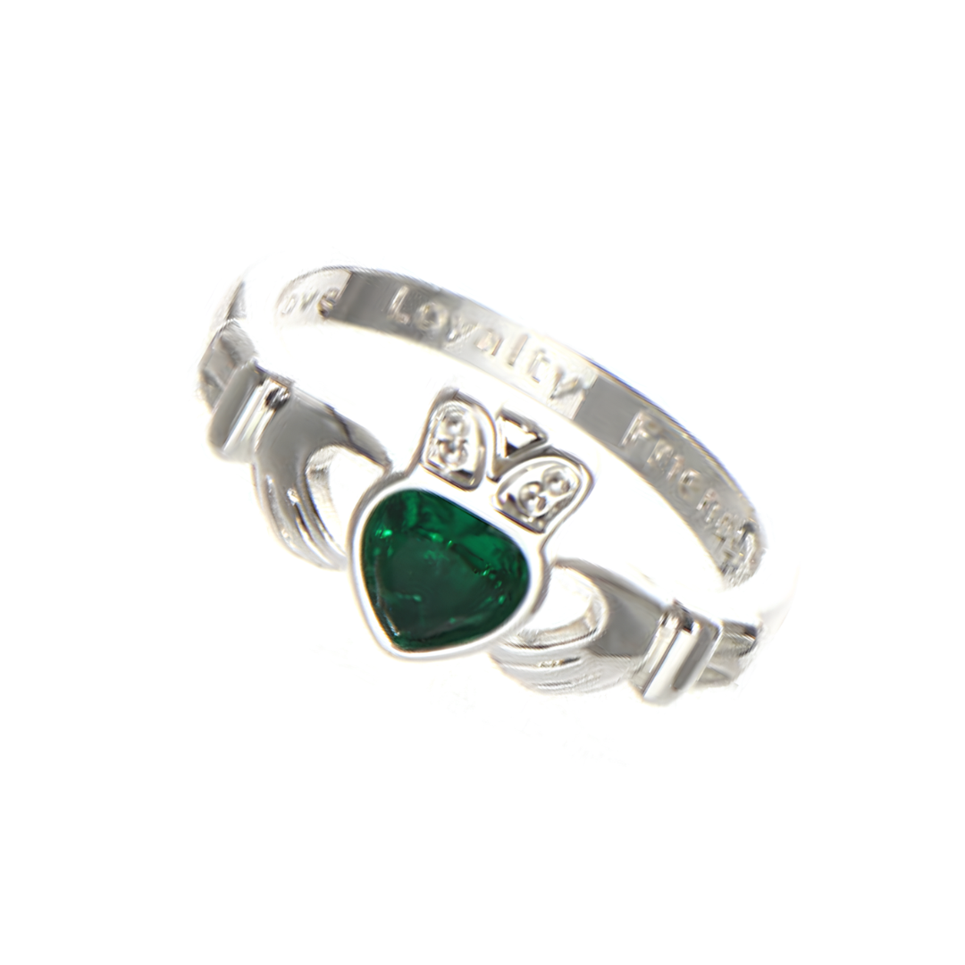 Grá Collection Silver Plated Claddagh Ring With Green Cubic Zirconia Stone