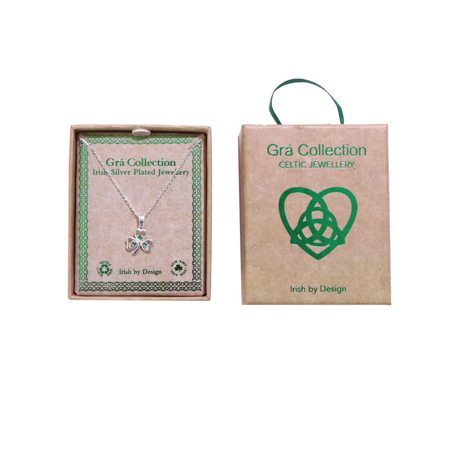 Grá Collection Silver Plated Shamrock With 3 Mini Green Cubic Zirconia Stones Necklace