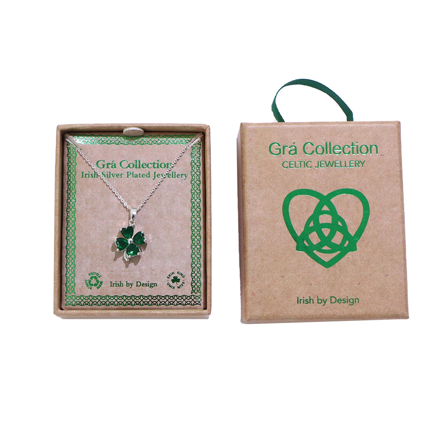 Grá Collection Silver Plated 4 Green Cubic Zirconia Stones Clover Necklace