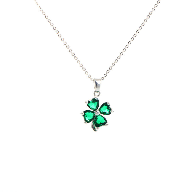 Grá Collection Silver Plated 4 Green Cubic Zirconia Stones Clover Necklace