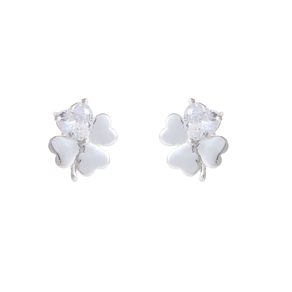 Pair of silver four-leaf clover earrings with clear gemstone centers