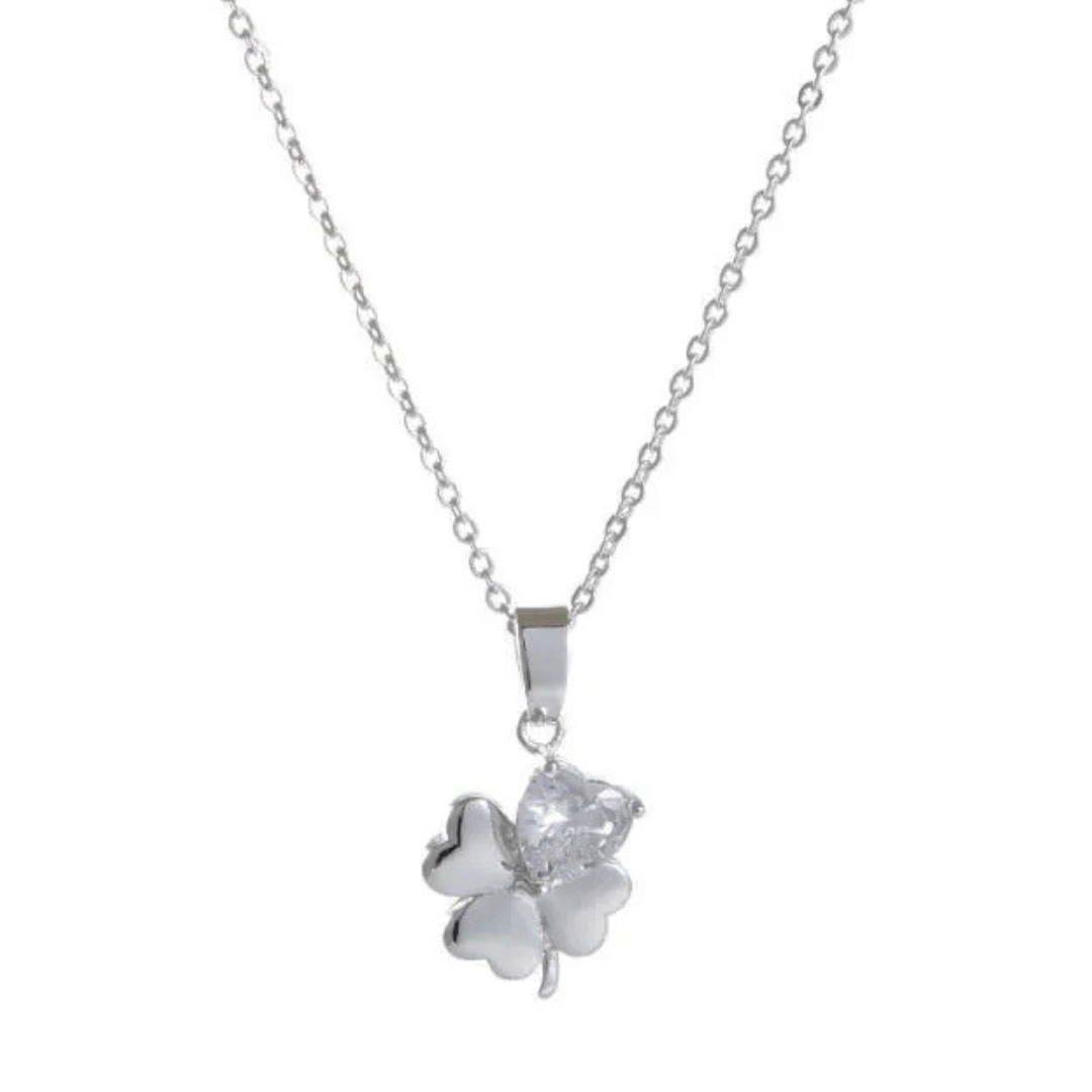 Grá Collection Silver Plated 1 Clear Cubic Zirconia Stones Clover Necklace
