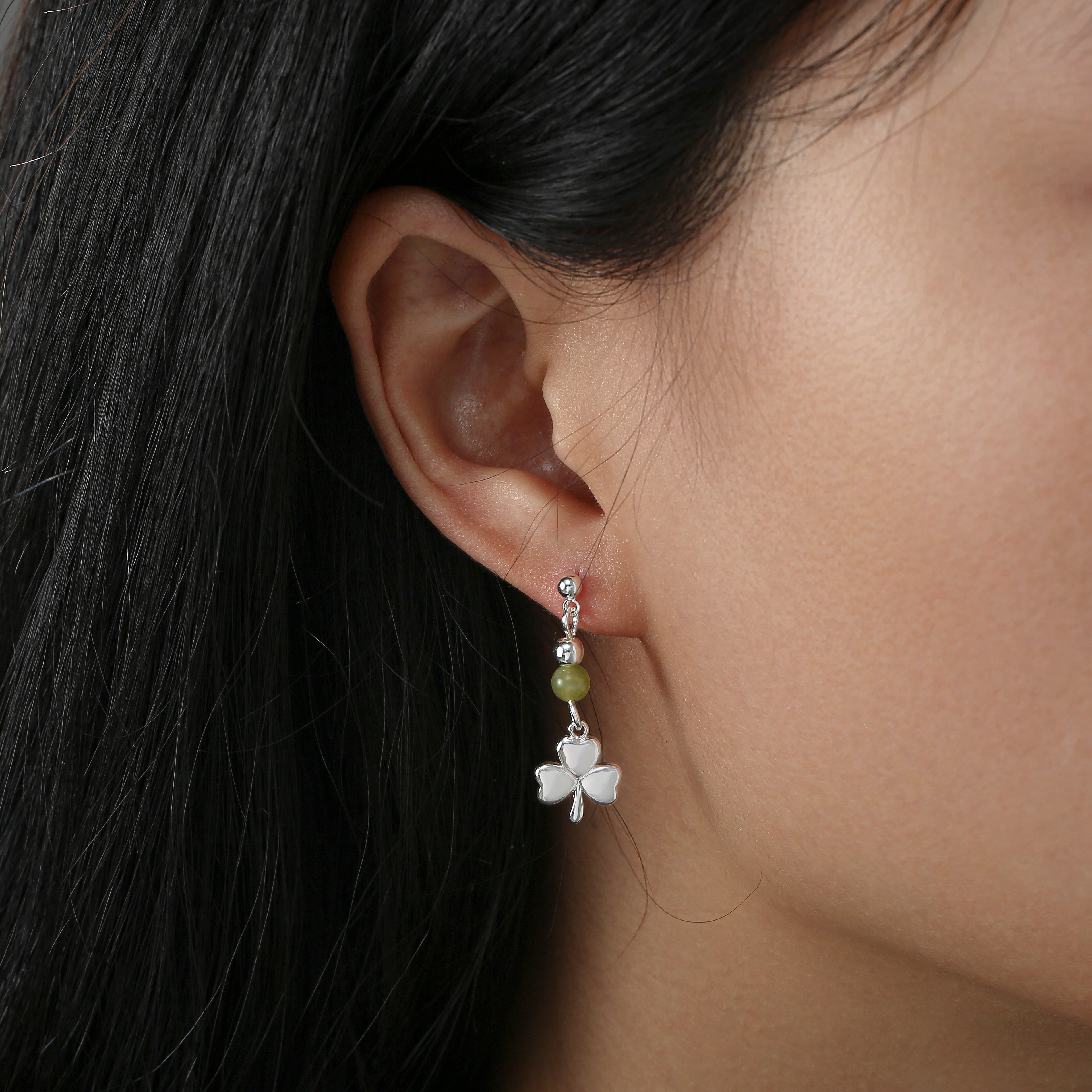 Silver Plated Shamrock With Bead Drop Earrings