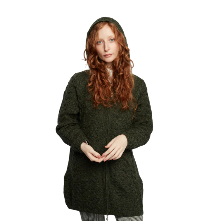 Ladies Merino Wool Hooded Army Green Coat