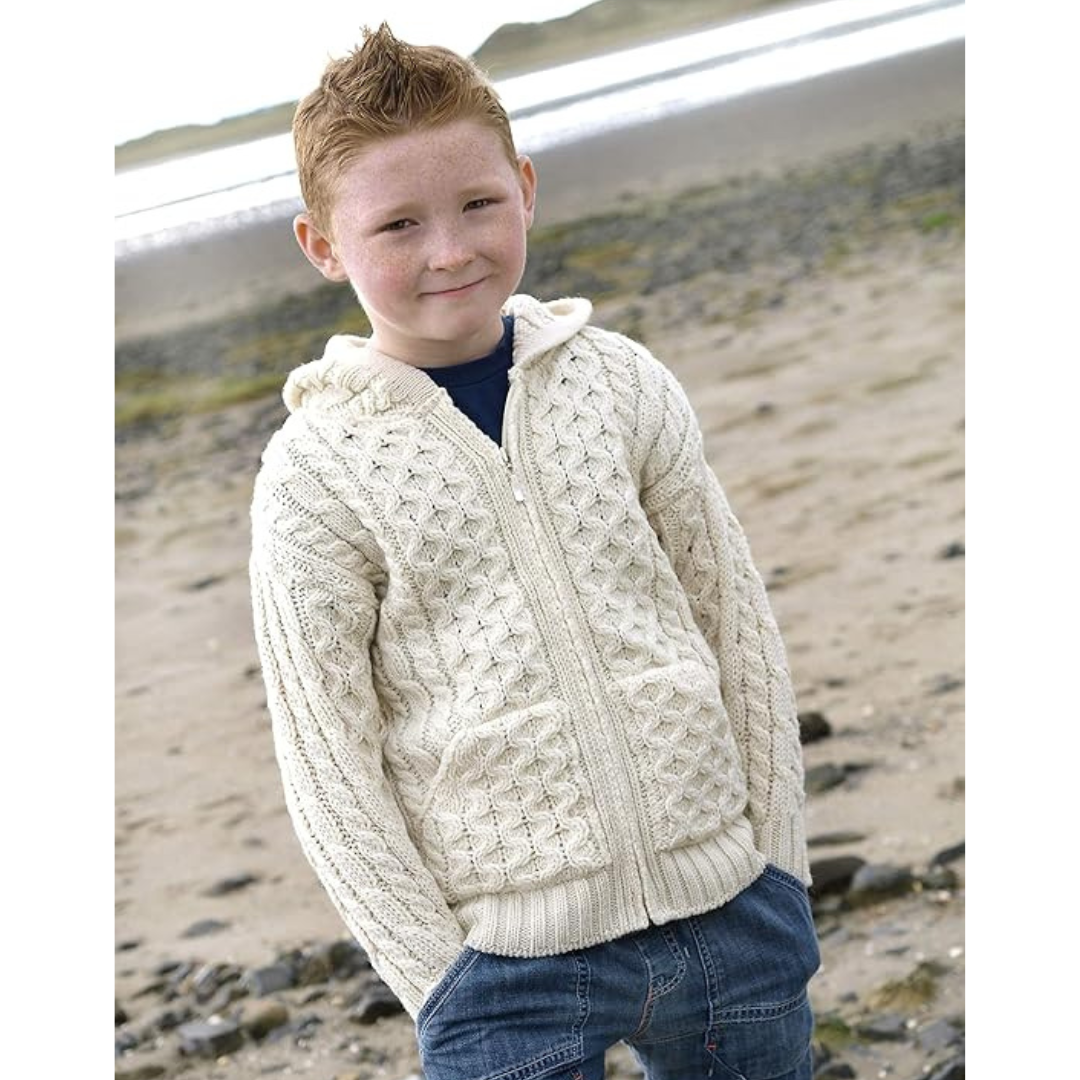 Kids Hooded Aran Zip Ecru Cardigan