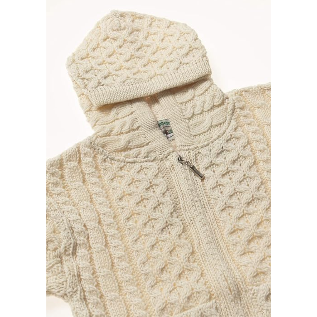 Kids Hooded Aran Zip Ecru Cardigan