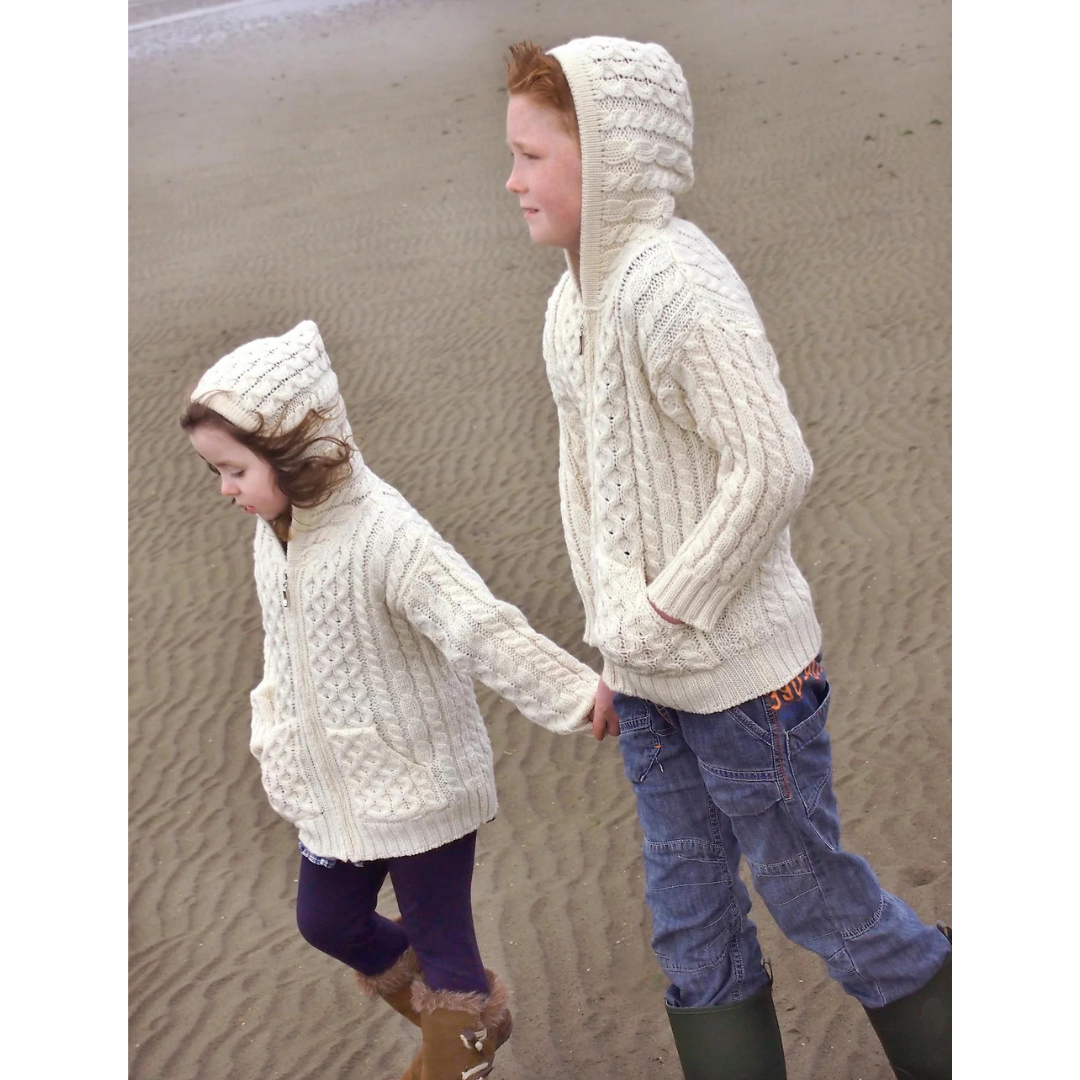 Kids Hooded Aran Zip Ecru Cardigan