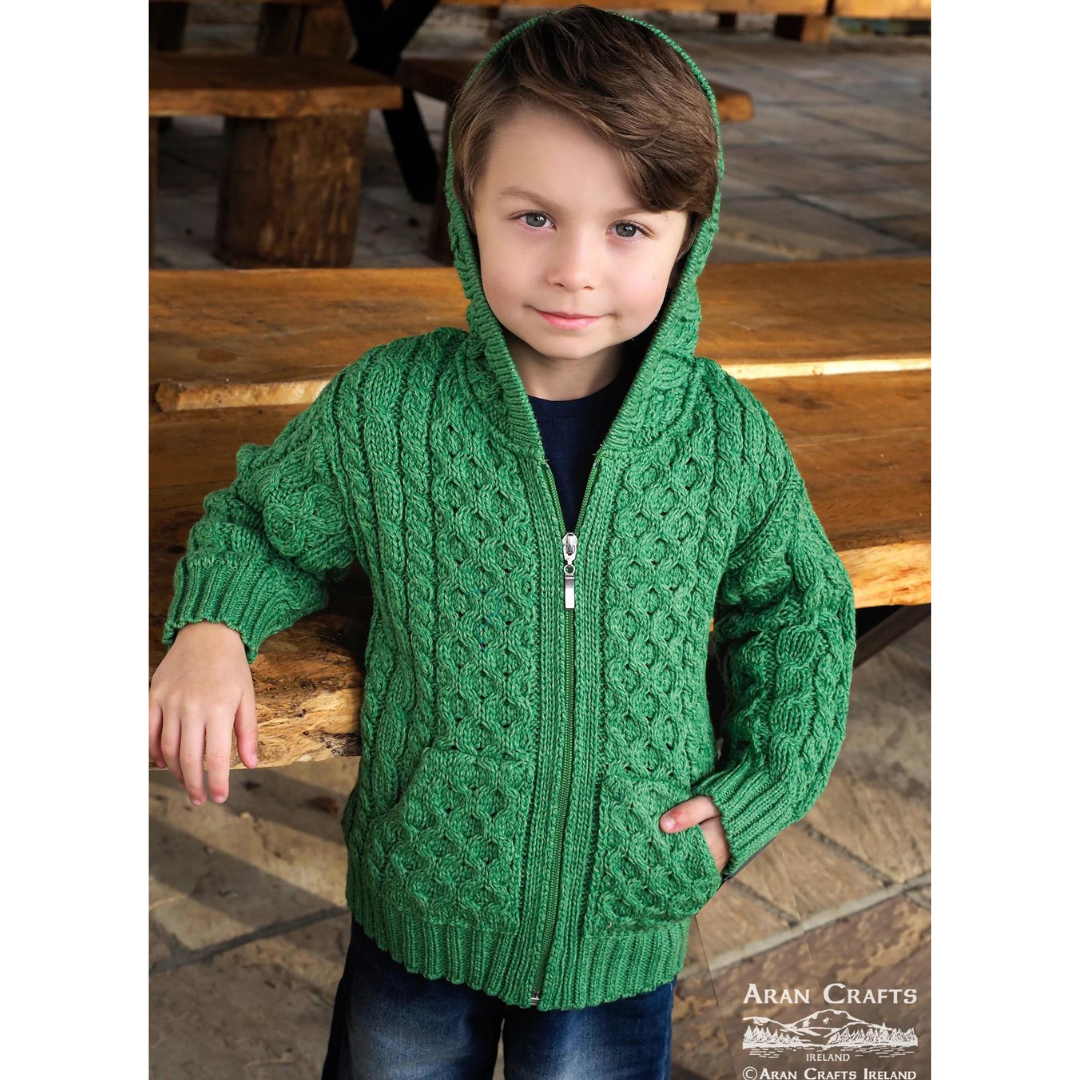 Childrens Aran Hooded Zip Green Cardigan