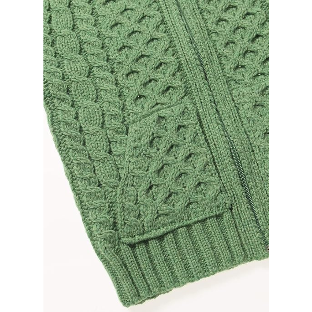 Childrens Aran Hooded Zip Green Cardigan