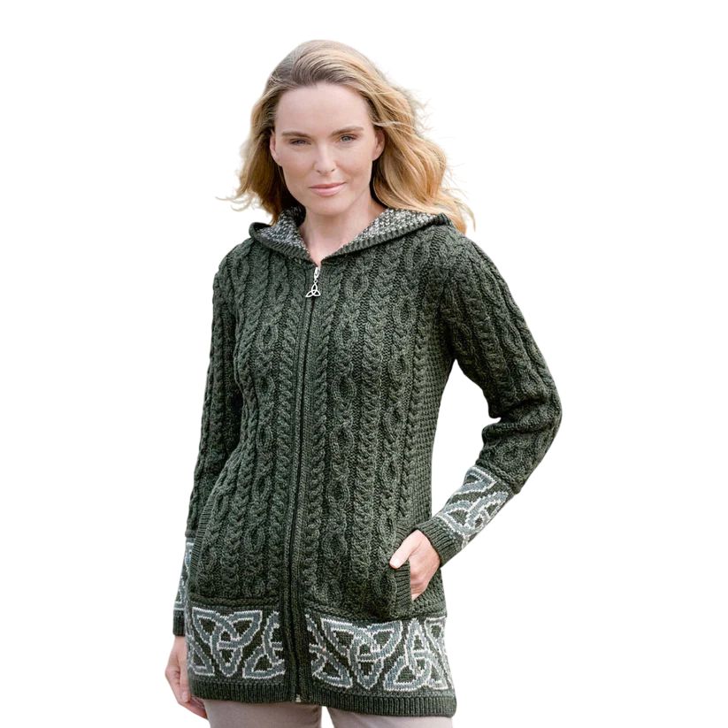 Ladies Celtic Jacquard Zip Hooded Green Coat