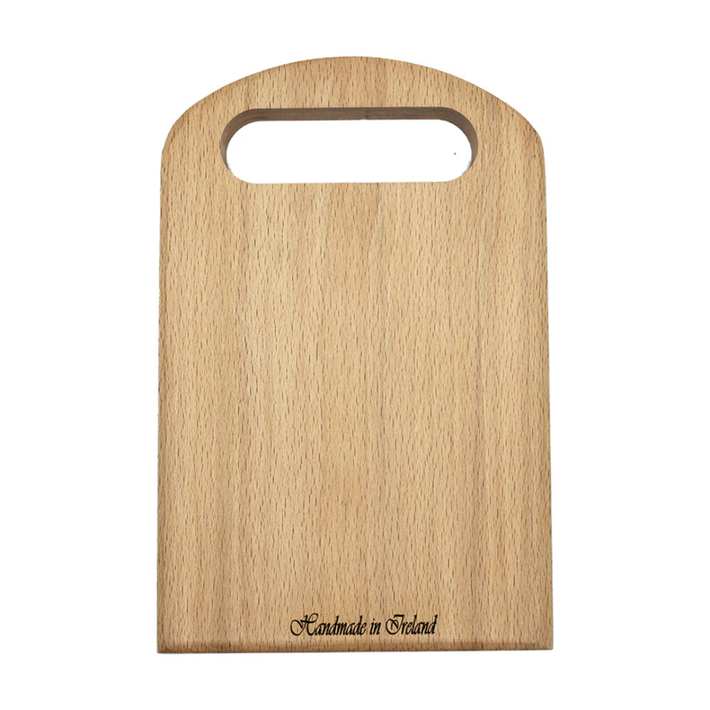 Rectangular wooden cutting board with rounded top and handle cutout