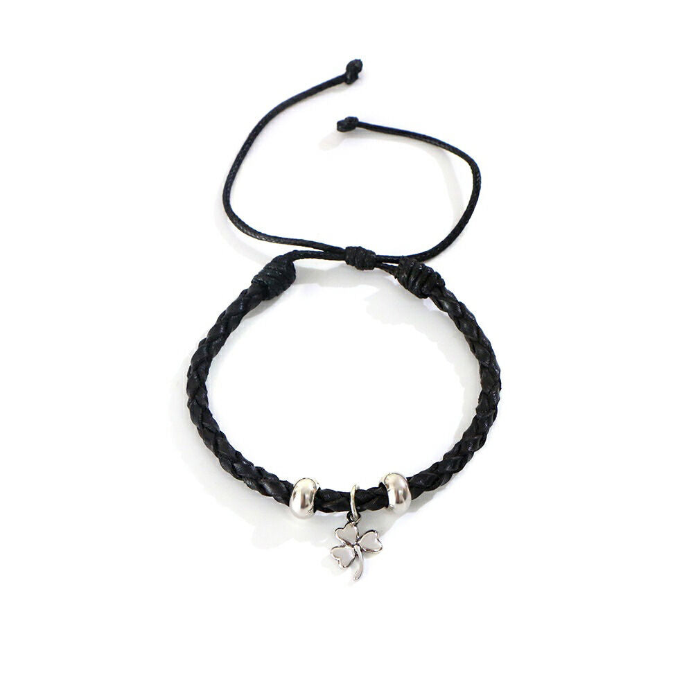 Celtic Leather Weave Bracelet With Shamrock Charm Black