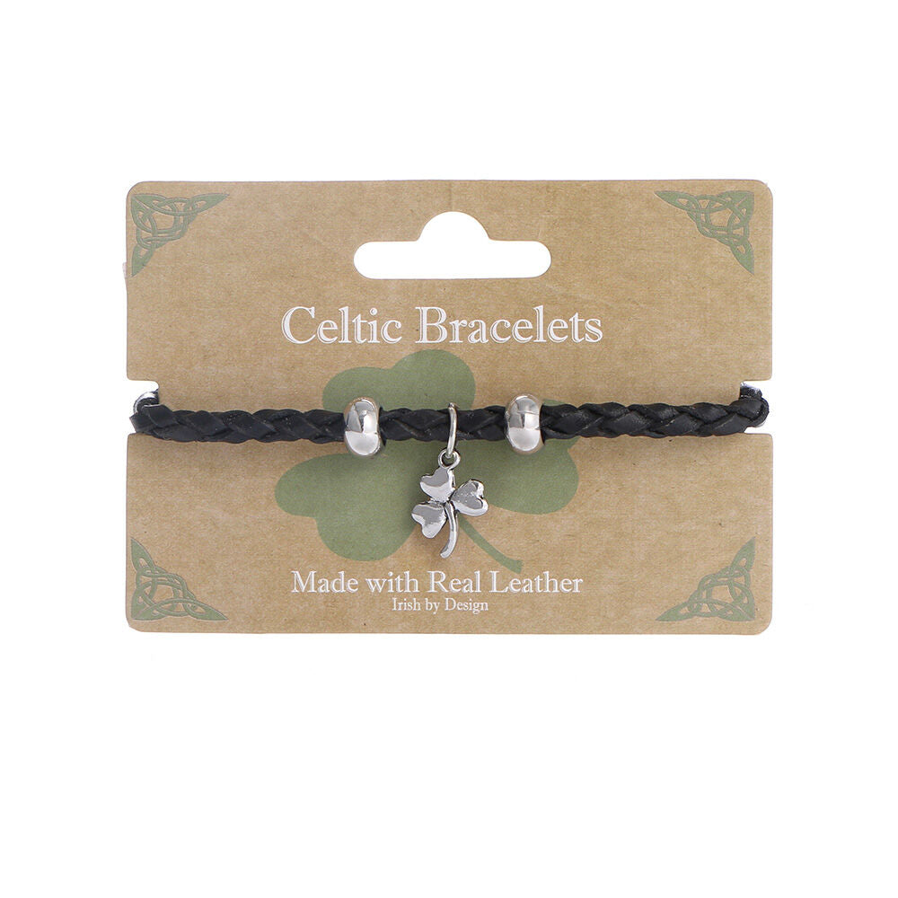 Celtic Leather Weave Bracelet With Shamrock Charm Black
