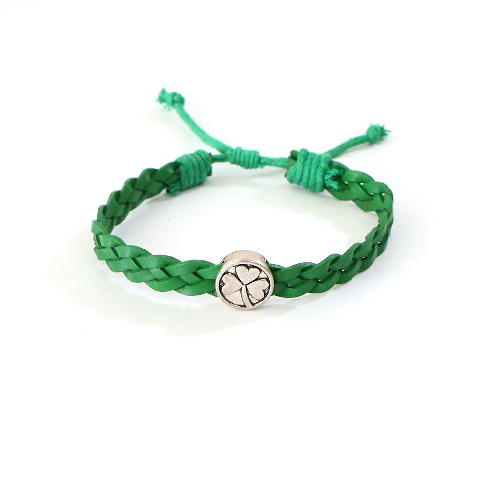 Celtic 4 Strand Leather Bracelet With Shamrock Charm Green