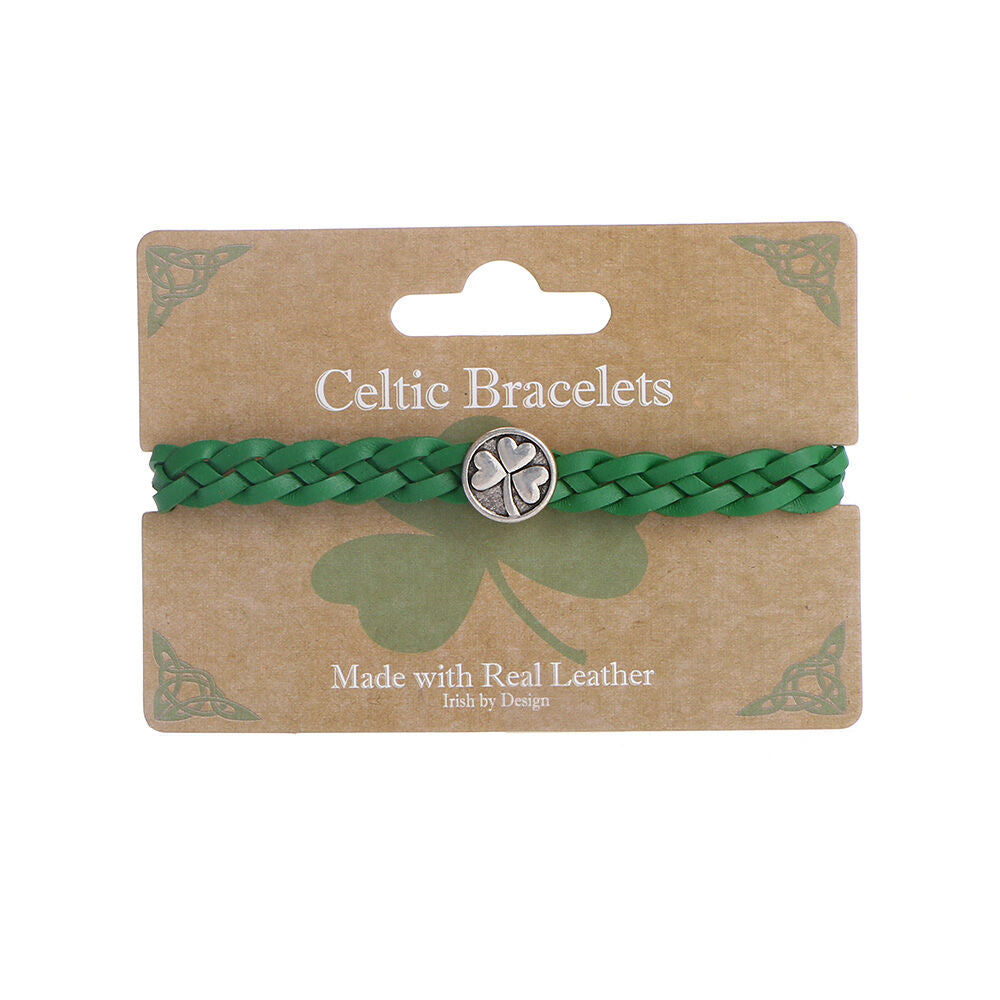 Celtic 4 Strand Leather Bracelet With Shamrock Charm Green