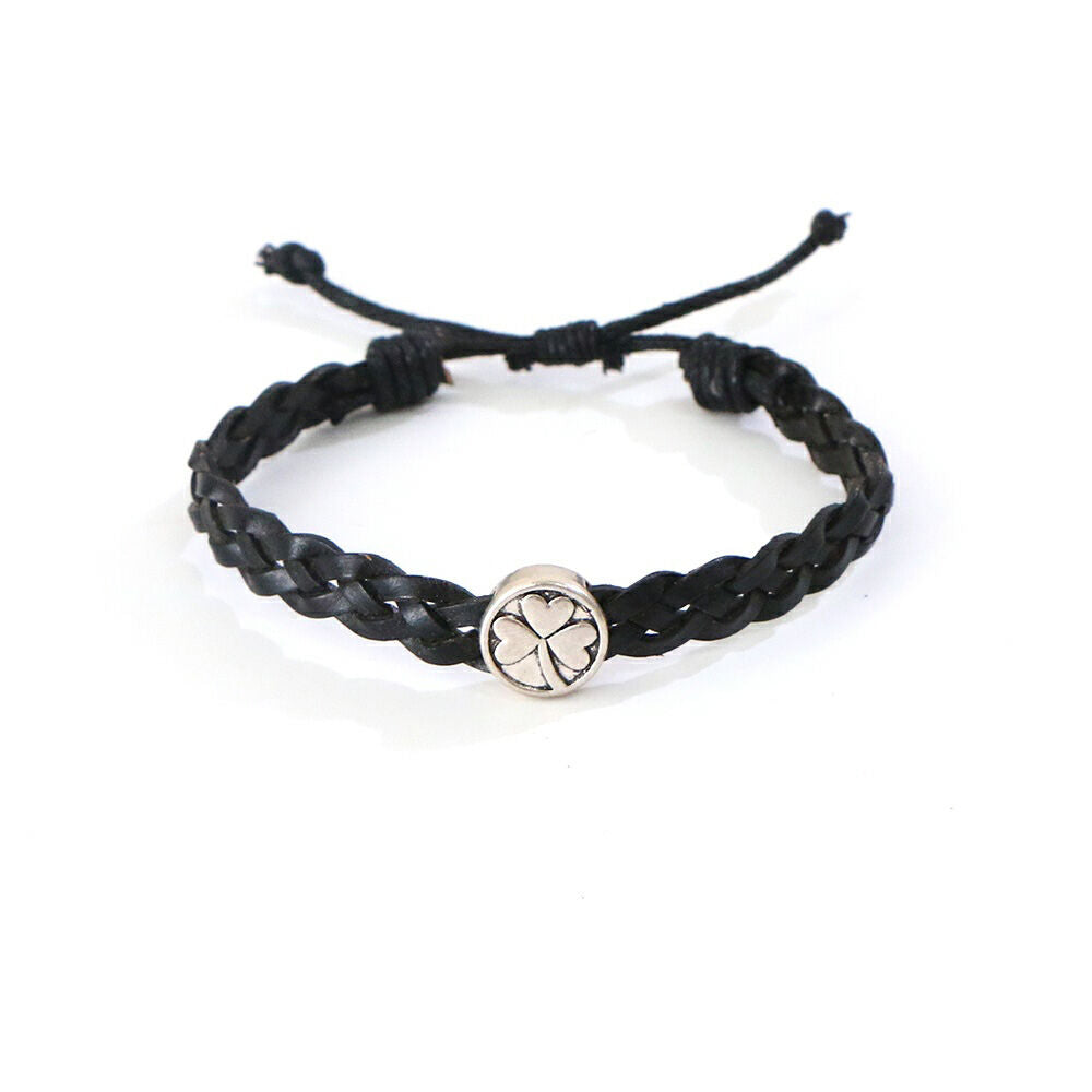 Celtic 4 Strand Leather Bracelet With Shamrock Charm Black