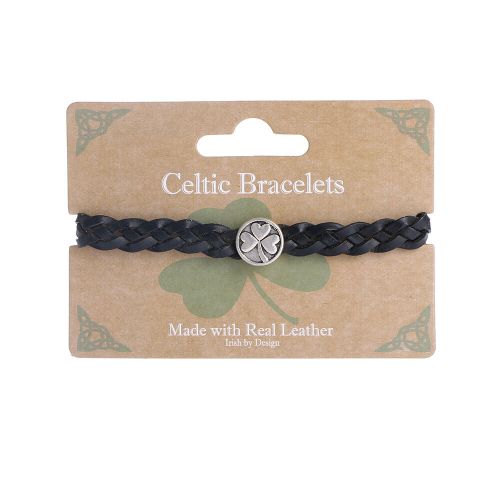 Celtic 4 Strand Leather Bracelet With Shamrock Charm Black