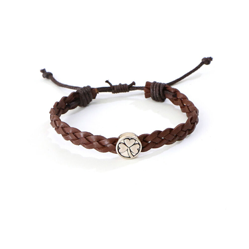 Celtic 4 Strand Leather Bracelet With Shamrock Charm Brown