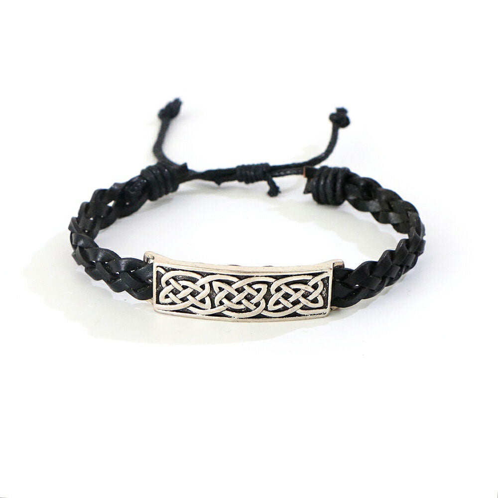 Celtic 4 Strand Leather Bracelet With Knotwork Bar Design Black