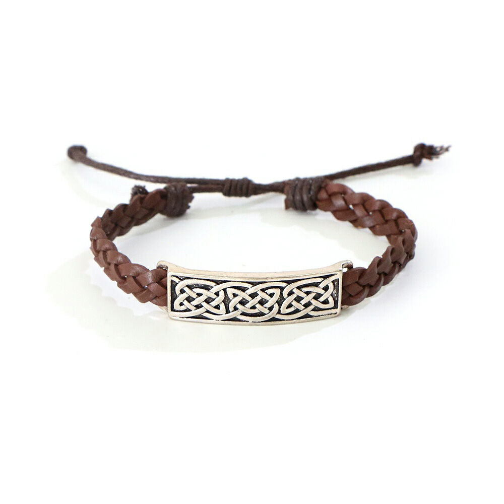 Celtic 4 Strand Leather Bracelet With Knotwork Bar Design Brown