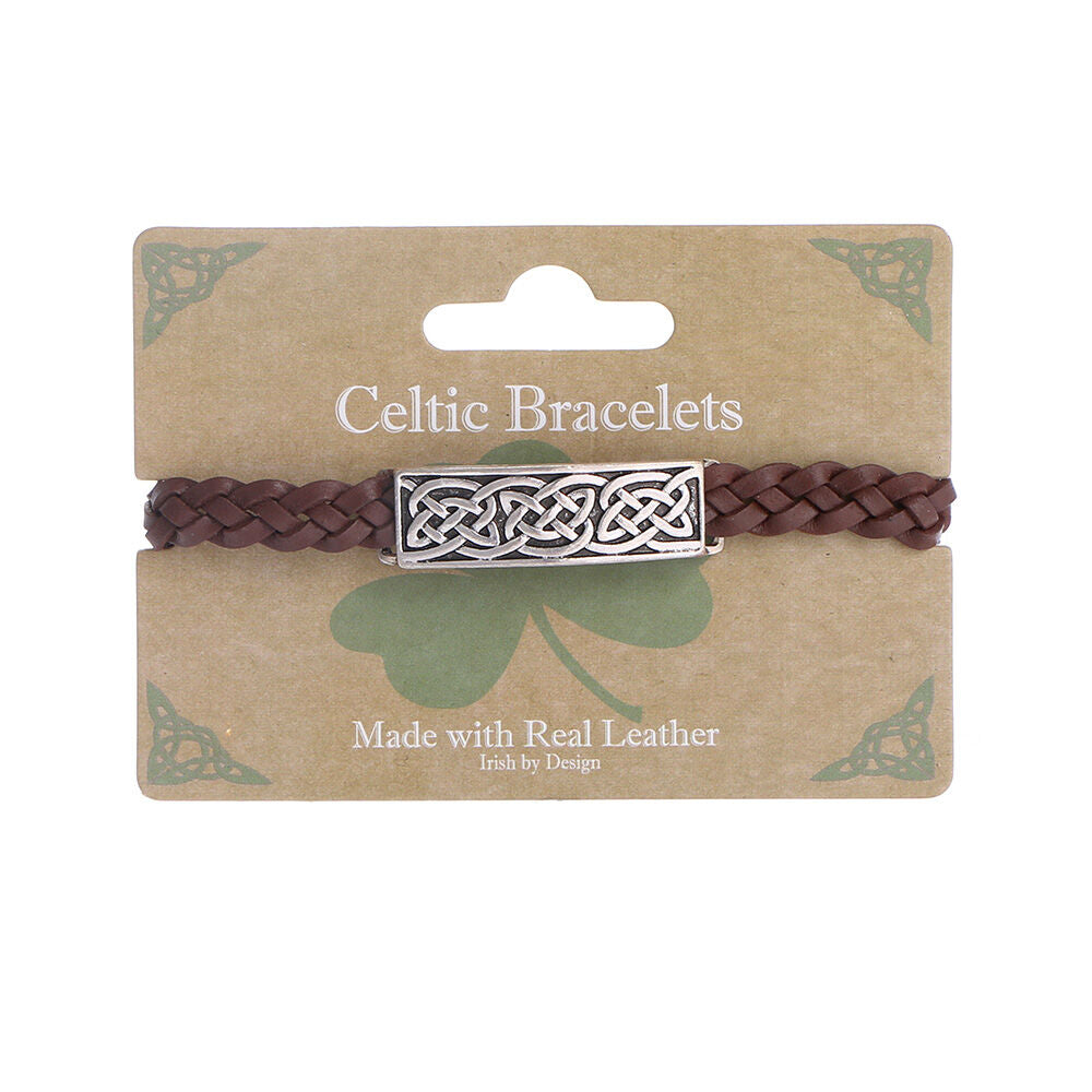 Celtic 4 Strand Leather Bracelet With Knotwork Bar Design Brown