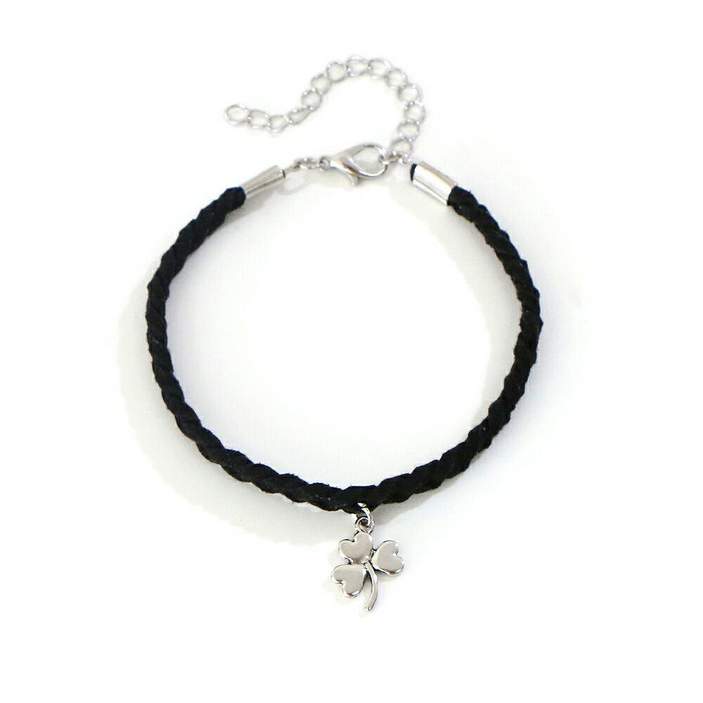 Celtic Leather Thick Plaited Bracelet With Shamrock Charm Black