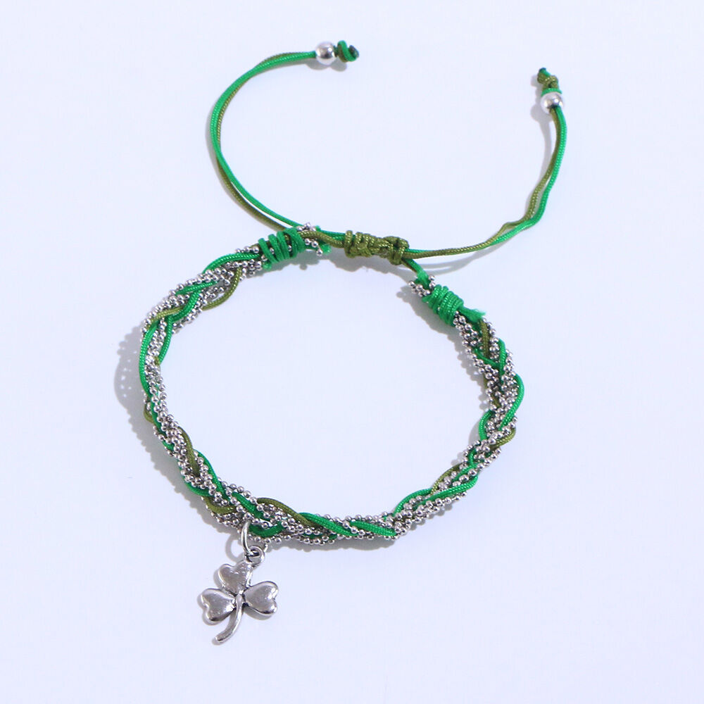 Fabric & Mesh Bracelet With Shamrock Plait Green