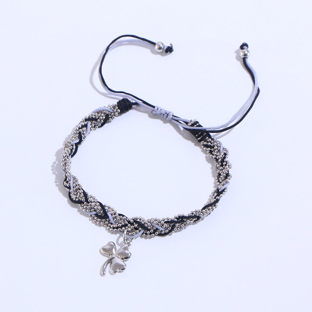 Fabric & Mesh Bracelet With Shamrock Plait Black