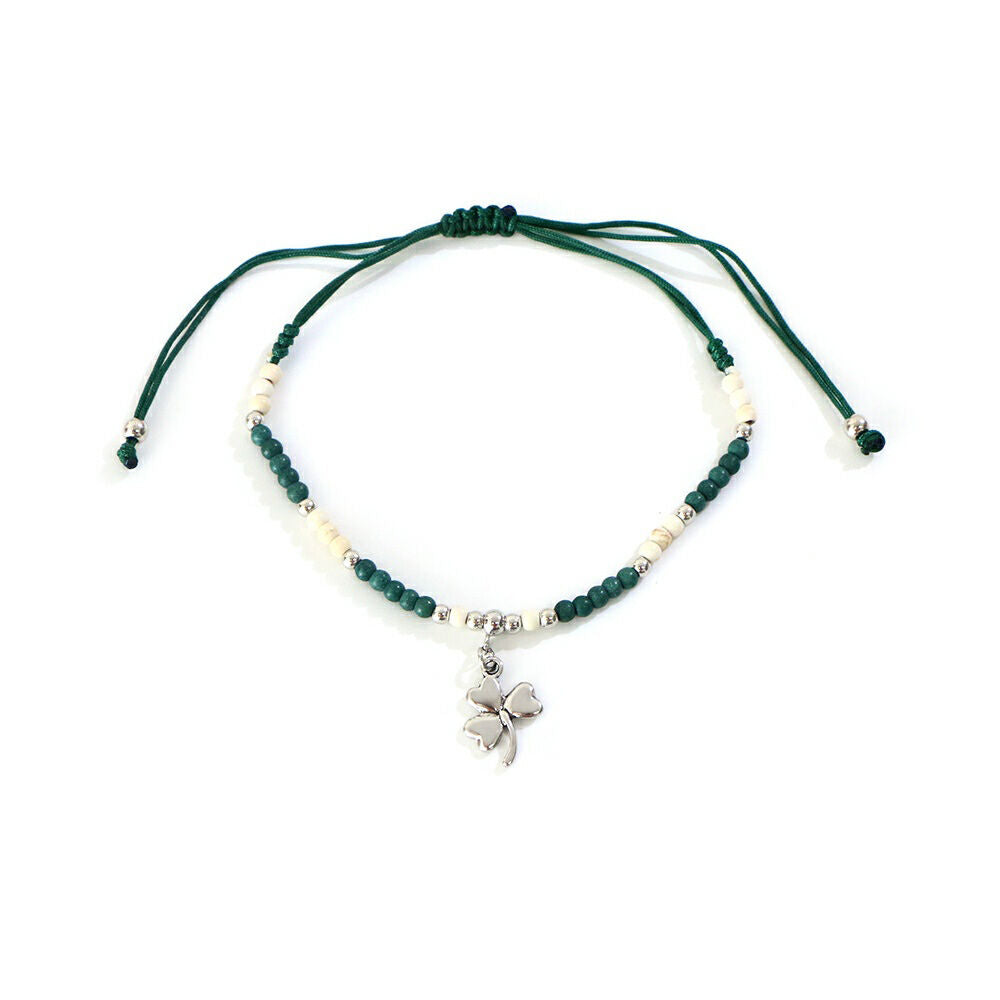 Celtic String Bead Bracelet With Shamrock Charm White & Green