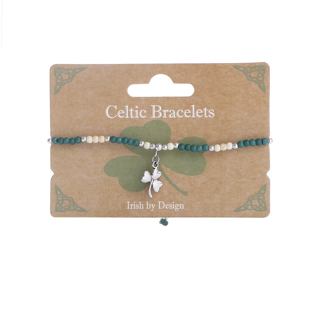 Celtic String Bead Bracelet With Shamrock Charm White & Green