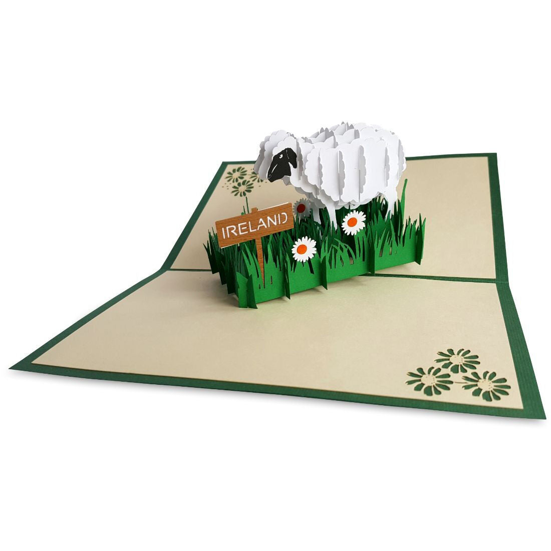 Pop-up Card Green With Sheep & Ireland Text Design & Envelope
