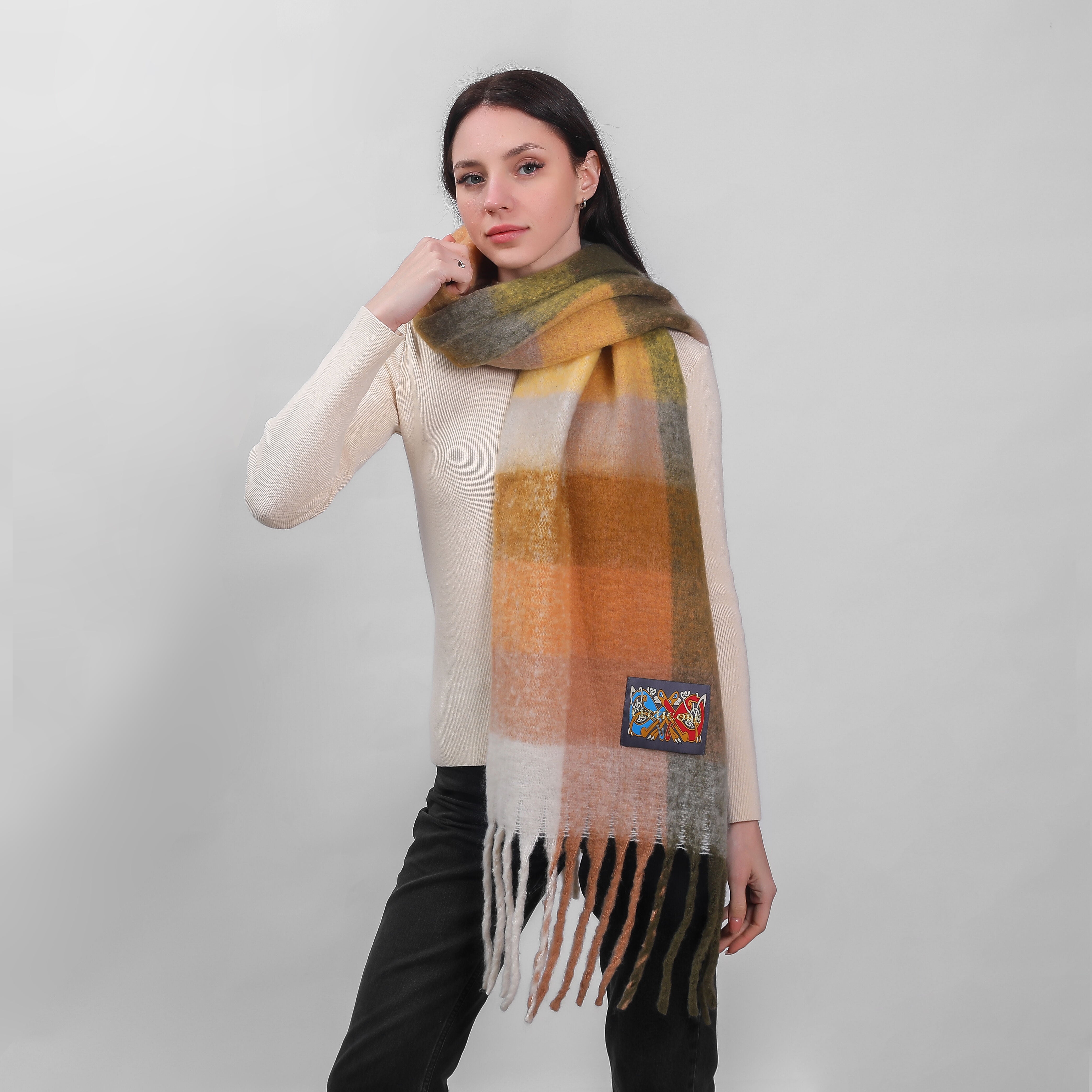 Irish Soft Check Scarf Green Mustard